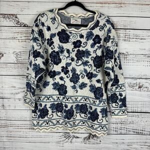 Women's VTG SML Sport Navy Floral Print Knit Scalloped Cottage Granny Sweater M